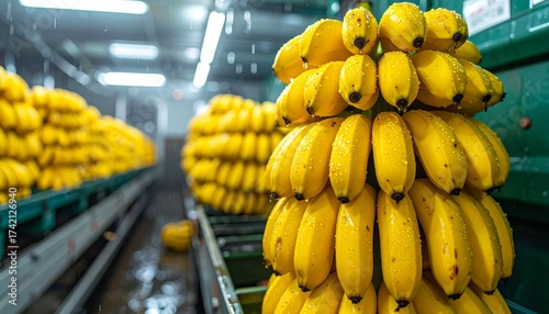 Bananas in a warehouse, showcasing bunches of ripe, yellow bananas, with water droplets visible, and a blurred background of industrial machinery.