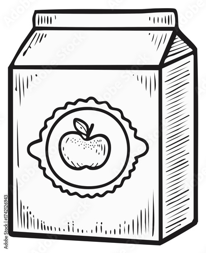 Vector illustration of apple juice box, hand-drawn with detailed hatching, perfect for designs.