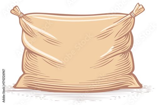 Cartoon illustration showing a tied, full burlap sack or bag filled with grain or other contents. Agriculture harvest supply.
