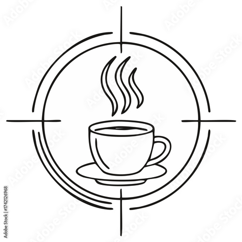 Steaming coffee cup inside target scope, simple line art illustration for hot beverage aiming and focus concepts