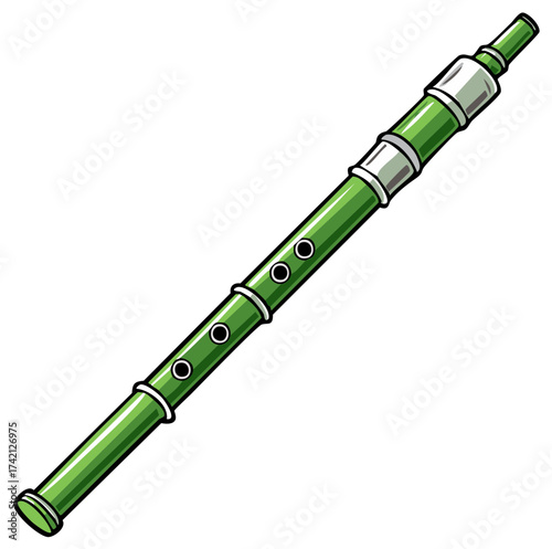 Stylized cartoon illustration of a traditional green bamboo flute woodwind instrument.