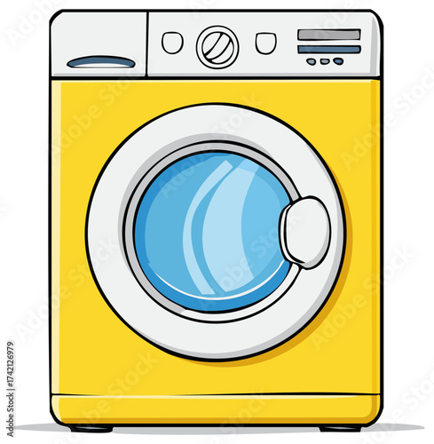 Vibrant Yellow Washing Machine Appliance with Blue Interior Drum and Front Loading Design