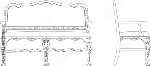 Vector sketch illustration of a silhouette of a living room chair furniture design with decorative ornaments, a background pattern, ethnic, traditional, classic, vintage, full of carvings