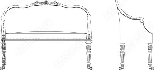 Vector sketch illustration of a silhouette of a living room chair furniture design with decorative ornaments, a background pattern, ethnic, traditional, classic, vintage, full of carvings 