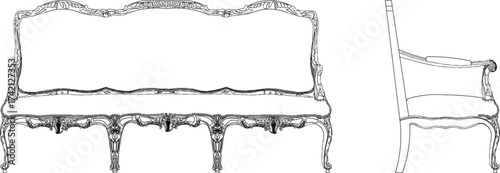 Vector sketch illustration of a silhouette of a living room chair furniture design with decorative ornaments, a background pattern, ethnic, traditional, classic, vintage, full of carvings 