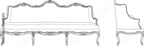 Vector sketch illustration of a silhouette of a living room chair furniture design with decorative ornaments, a background pattern, ethnic, traditional, classic, vintage, full of carvings 