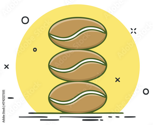 Stylized coffee beans stacked over a yellow circle, illustrated design.