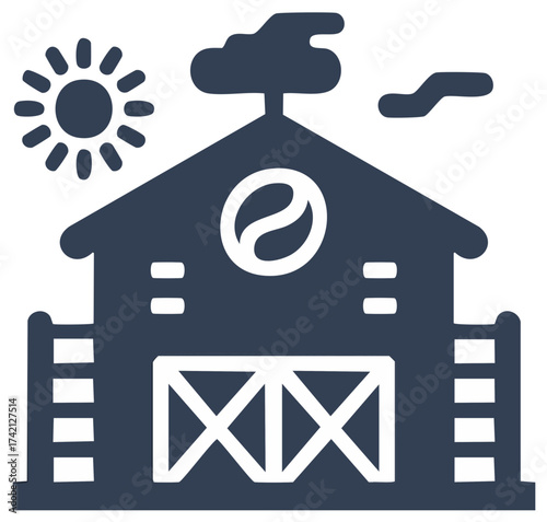 Rustic coffee plantation barn with coffee bean symbol vector icon