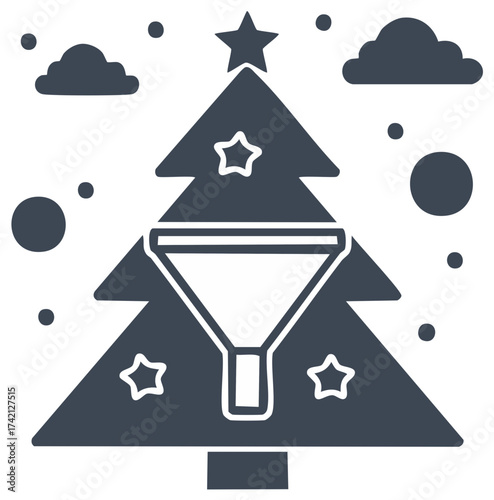 Modern Christmas Tree with Funnel Ornament Clouds and Snow Graphic Icon