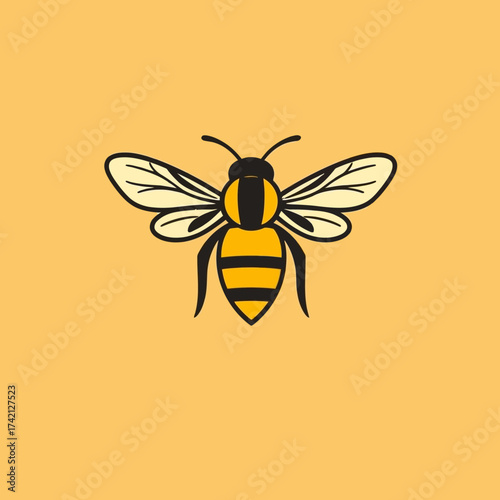 A stylized illustration of a bee with spread wings, set against a solid yellow background.