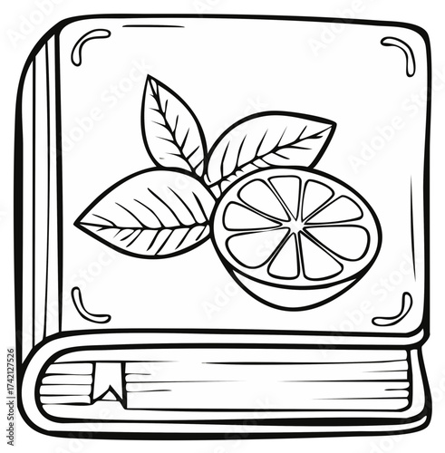 Line art illustration of a recipe book with lemon and leaves design