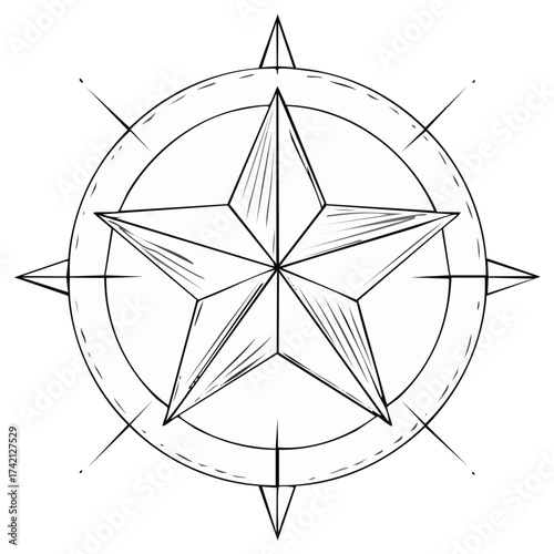 Stylized nautical star compass rose hand drawn outline illustration