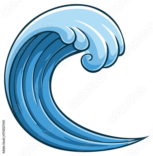 Illustration of a curling blue ocean wave with a white foam crest, isolated