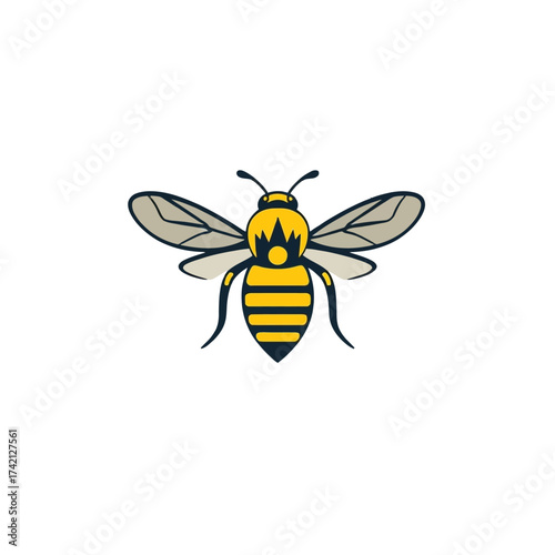 A stylized illustration of a bee with a crown, wings spread, isolated on white.