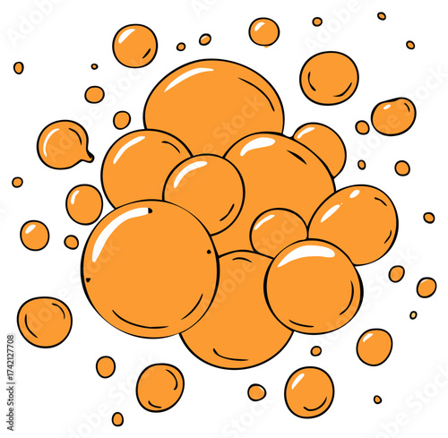 Cluster of bright orange bubbles floating and bursting with glossy highlights