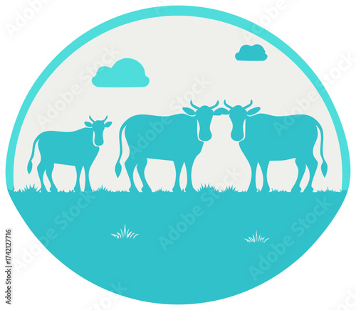 Minimalist flat design illustration of cows on a farm pasture for a dairy or beef logo