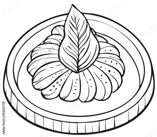 Elegant dessert on a plate with a decorative leaf garnish detailed line art illustration