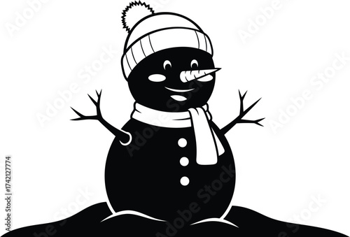 Black and white illustration of a snowman with hat and scarf editable stock