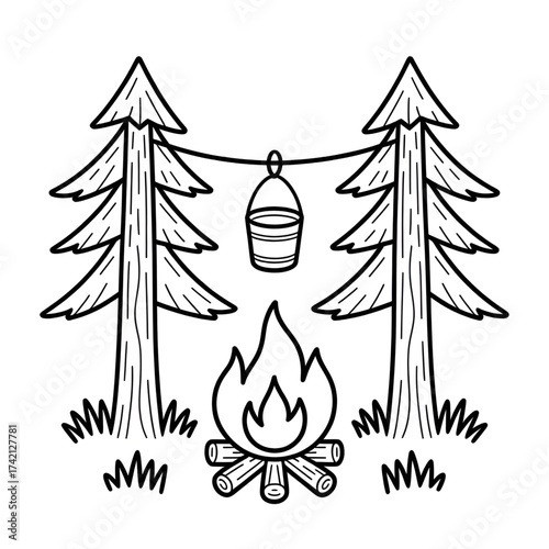Campfire with Pine Trees Illustration, Camping Scene, Nature, Outdoors, Line Art, Forest, Bonfire, Adventure, Wilderness, Camping Gear