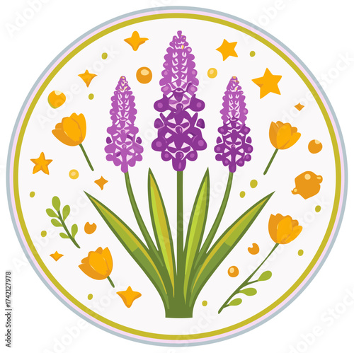 Floral design with flowers, stars and decorative elements within a circle.
