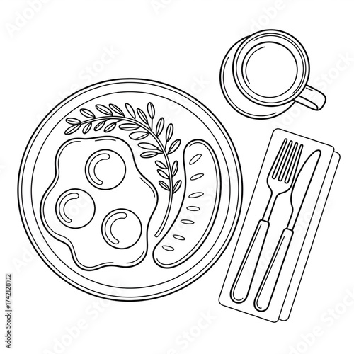Breakfast Plate with Eggs, Sausage, and Toast, Coffee Mug, Line Art, Food Illustration, Meal, Breakfast, Dining, Kitchen