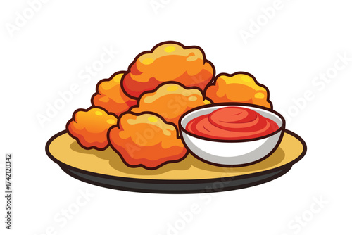Cartoon Illustration of Chicken Nuggets with Dipping Sauce