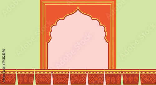 Illustration of an arched doorway with decorative floral border editable stock