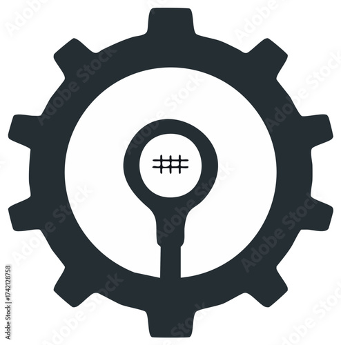 Stylized dark grey Gear and hashtag icon, representing mechanisms, web technology, and automated processes.