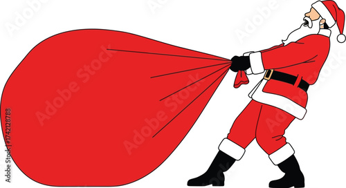 Santa claus pulling a very large red sack on a white background editable stock