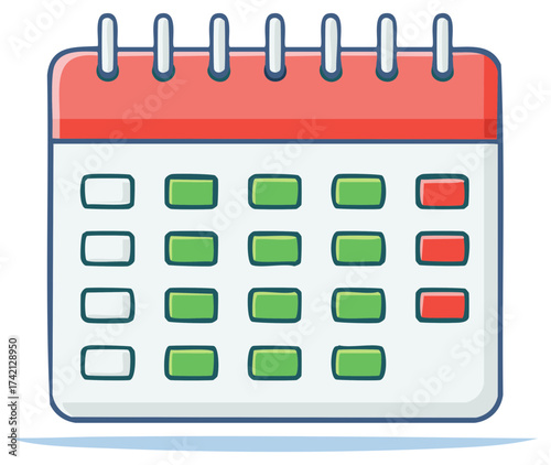 Illustration of a daily planner with highlighted days in green and red showing organized schedule