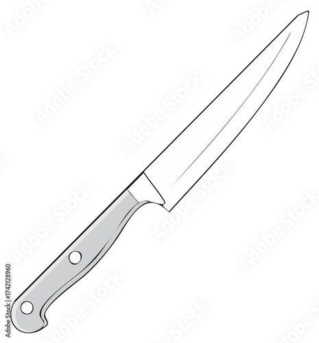 Sharp kitchen knife with stainless steel blade and gray handle, drawn in a clean line art style.