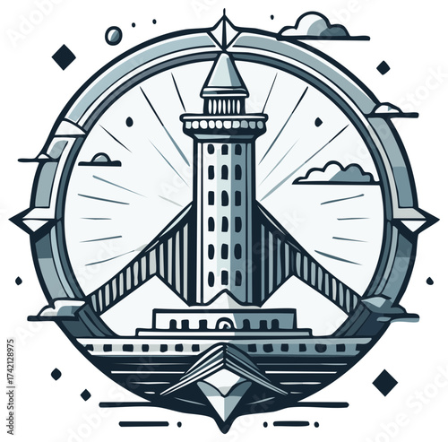 Coastal Lighthouse Icon with Compass and Geometric Ocean Elements in Contemporary Artistic Design