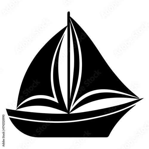 Stylized black silhouette of a sailboat with full sails on a white background
