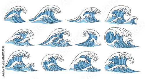 Collection of stylized ocean wave illustrations in various dynamic poses.