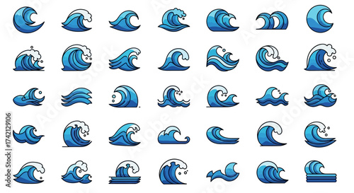 Collection of various ocean wave icons in different styles.