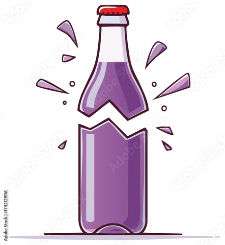 Illustrated broken purple glass bottle with fluid, shattered container and liquid remnants emitting from it.