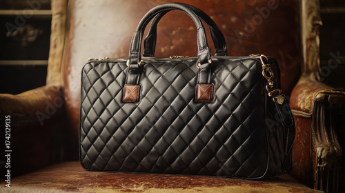 Classic quilted black leather handbag on an antique armchair in a warm, cozy room