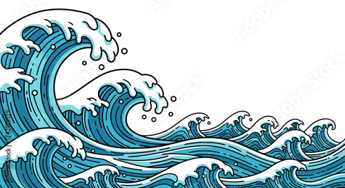 Stylized ocean wave illustration with blue hues and white foam.