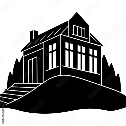 Stylized black and white silhouette of a charming house with a prominent roof and windows situated on a hill