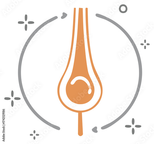 Vibrant hair follicle icon surrounded by a protective arc and sparkles symbolizing hair health