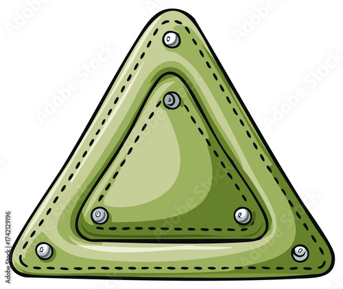 Cartoon illustration of a padded green triangular object with stitching and metal rivets