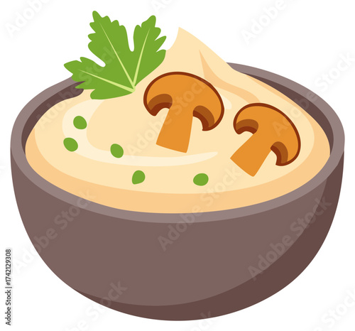 Bowl of creamy mushroom soup with fresh parsley and chives garnish vector illustration