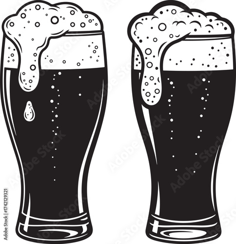 Two dark beer glasses with frothy tops silhouette