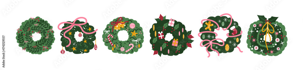Fototapeta premium Christmas holiday wreaths and festive decorations in retro cartoon style. Wreaths: pine branches, ribbons, bells, lights. Winter seasonal collection for postcards, stickers, home decor and holiday 
