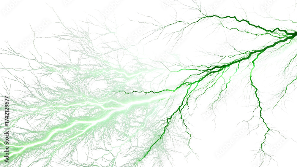 Fototapeta premium Green lightning bolt isolated on transparent background, a dramatic display of electrical power and natural phenomenon in the sky