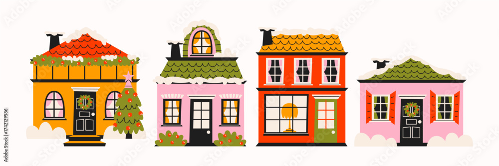 Fototapeta premium Winter holiday houses and Christmas homes in retro cartoon style. Buildings: decorated roofs, festive wreaths, glowing windows. Cozy seasonal architecture composition for Xmas cards and New Year