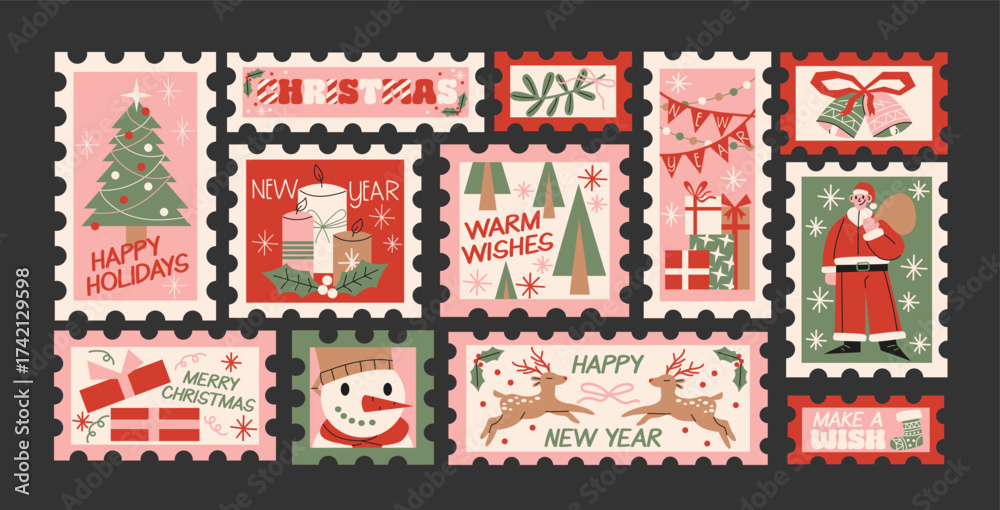 Fototapeta premium Christmas and New Year postage stamps in retro cartoon style. Stickers: holiday tree, gifts, snowman, deer, Santa Claus, warm wishes.Festive winter collection for postcards, mail decoration and season
