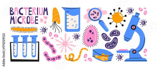 Microbiology and bacteria science icons in retro cartoon style. Lab elements: microscope, test tubes, petri dish, microbes, viruses, cells. Educational medical set for biology research, healthcare