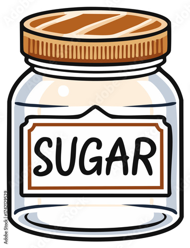 Sweet White Sugar in a Clear Glass Jar with a Brown Screw Top Lid and Label