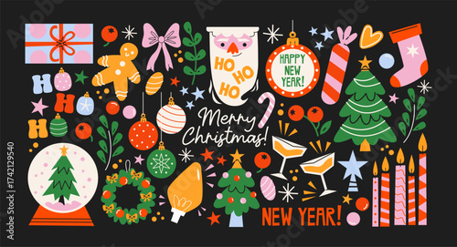 Christmas stickers in retro cartoon style. Holiday new year elements: gifts, candy canes, wreaths. Snowman, reindeer, car with presents, festive sweets. Illustration in retro cartoon style